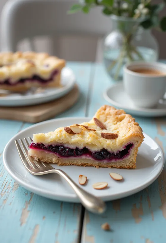 Bakewell tart con mermelada de grosella negra, recién cortada y servida