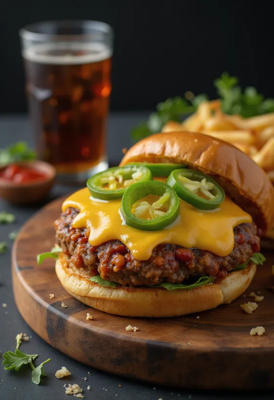 Hamburguesa con queso y chili, carne jugosa y jalapeños picantes