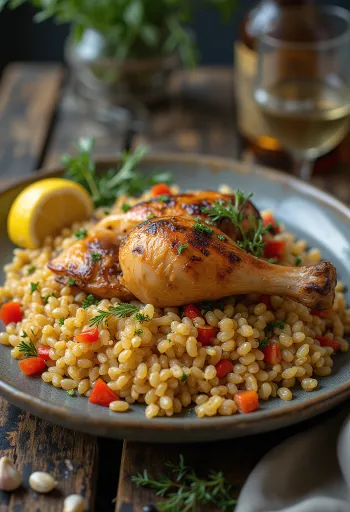 Farro con pollo asado y aderezo de limón