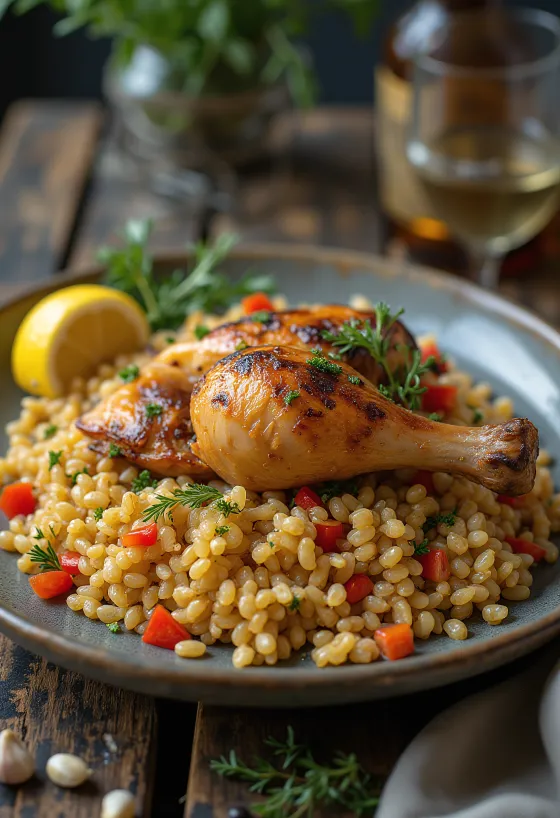 Farro con pollo asado y aderezo de limón