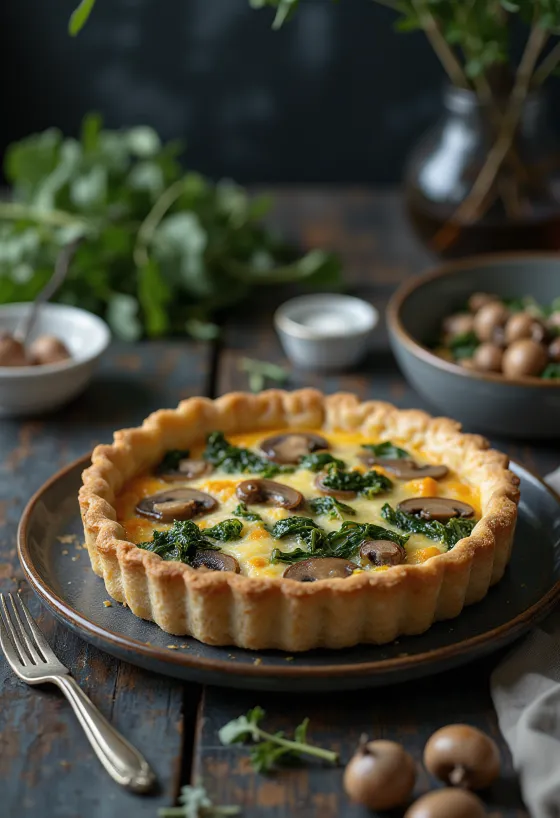 Quiche de champiñones y espinacas recién horneada