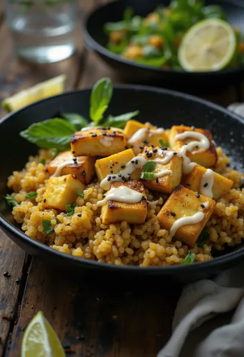 Wok de quinoa y tofu con salsa de tahini al curry servido