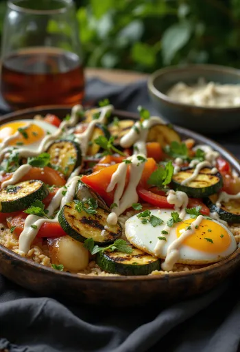 Verduras a la parrilla con salsa tahini, decoradas con perejil