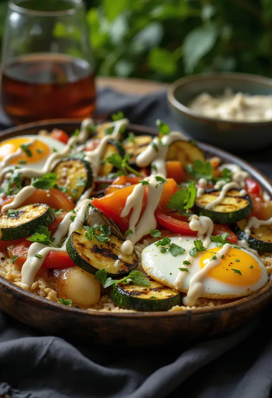 Verduras a la parrilla con salsa tahini, decoradas con perejil