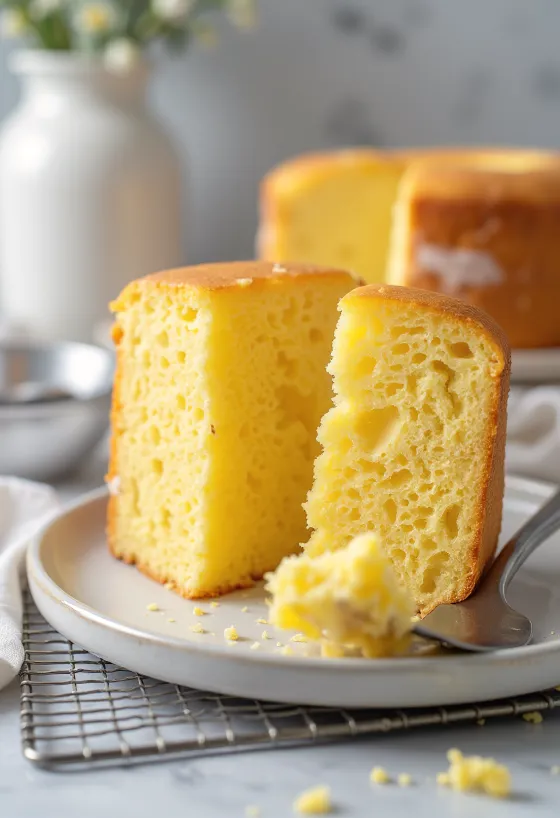 Bizcocho casero cortado en porciones, con la superficie dorada