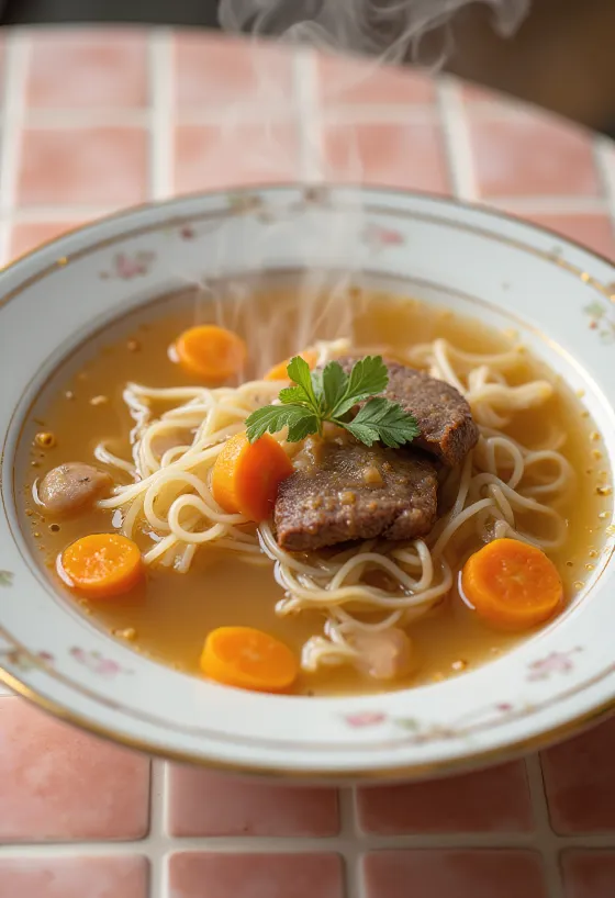 Sopa de carne servida con verduras frescas y fideos finos