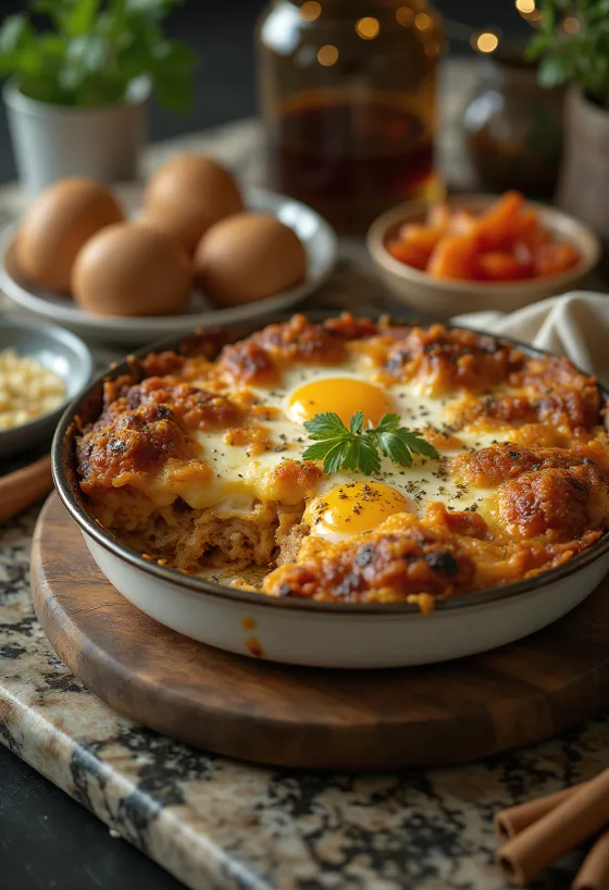 Moussaka especiada con ricas capas de carne y crema de queso