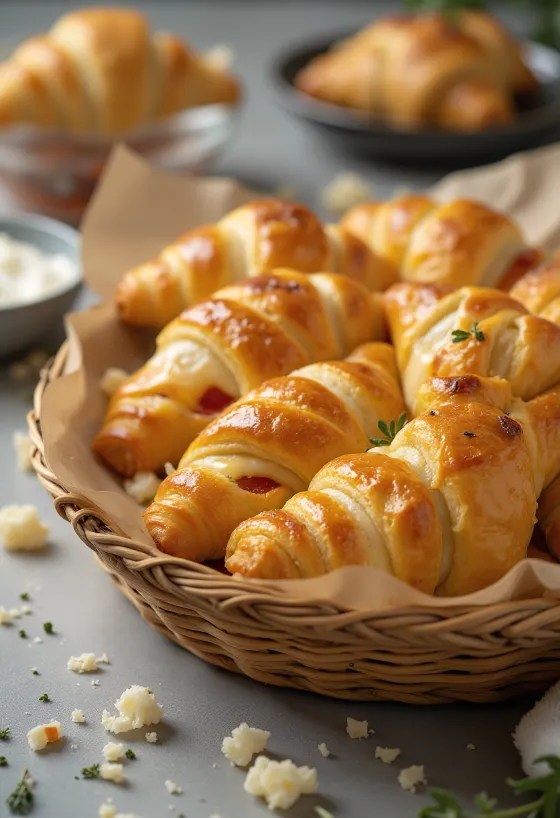 Cruasanes de pizza recién horneados con queso fundido y relleno de tomate.