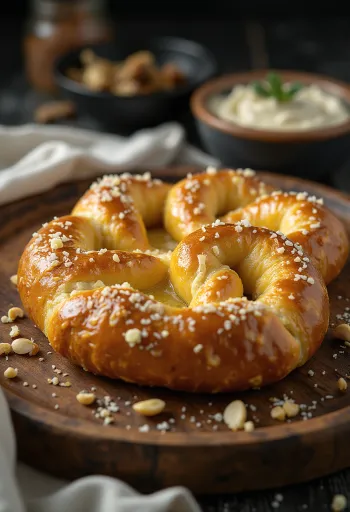 Pretzel casero de ajo, crujiente y dorado, espolvoreado con sal gruesa.