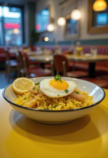 Kedgeree de eglefino ahumado servido en un bol con huevos y perejil.
