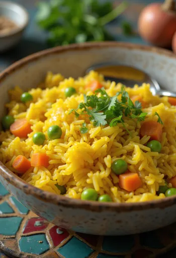 Arroz al curry servido con cilantro fresco