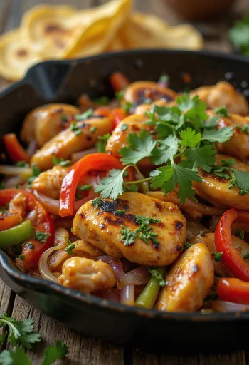 Fajitas de pollo con verduras, servidas con cilantro fresco