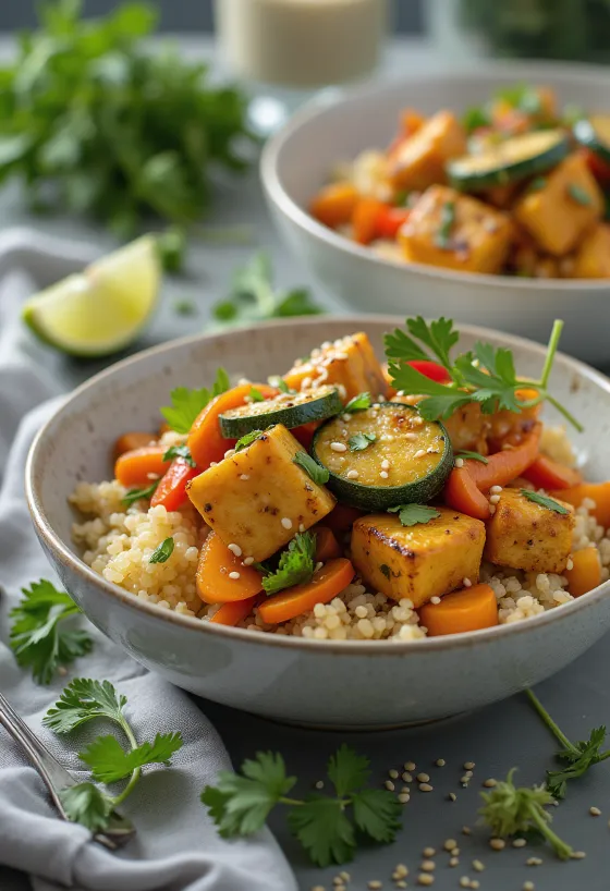 Wok de tofu y quinoa al curry con base de quinoa