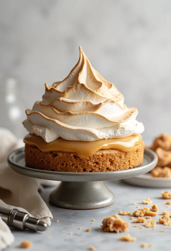 Tarta de caramelo y merengue caramelizado con soplete