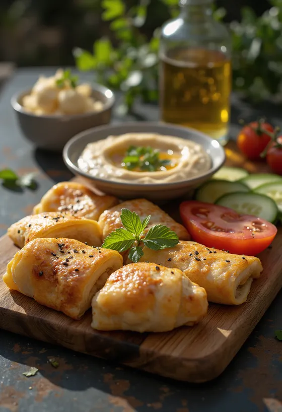 Bandeja de meze fresca con börek, hummus, queso feta y verduras