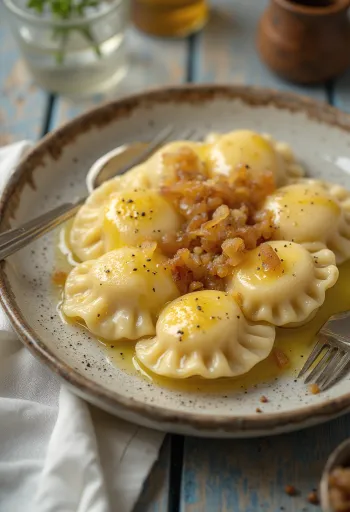 Pierogi rellenos de requesón servidos con cebolla pochada