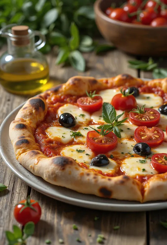 Pizza alla Barese con tomate y aceitunas negras