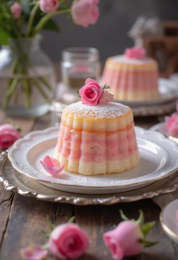 Revani con agua de rosas, pastel dorado cortado, bañado con almíbar de rosas