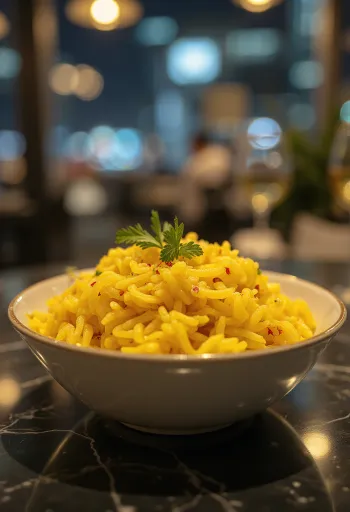 Arroz con azafrán servido con perejil fresco