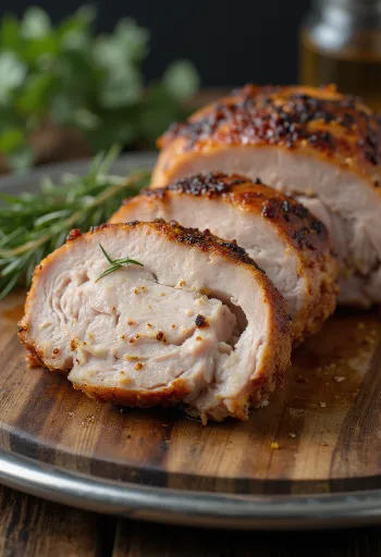 Pechuga de pavo salvaje ahumada servida con verduras a la parrilla.