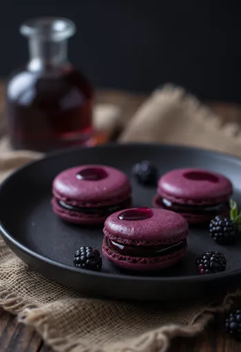 Macarons de chocolate y licor de mora emplatados