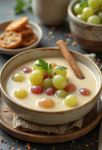 Sopa de uvas refrescante decorada con uvas frescas y menta