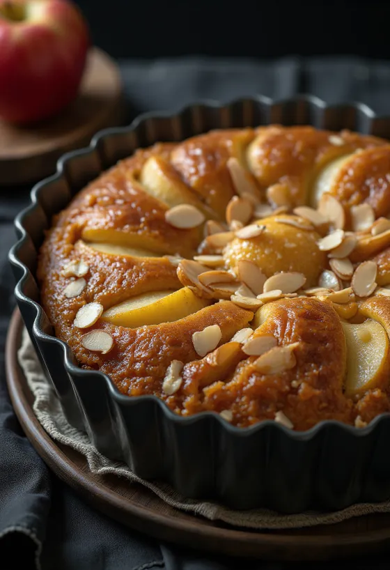 Tarta de manzana y almendra con láminas de manzana y capa de almendra