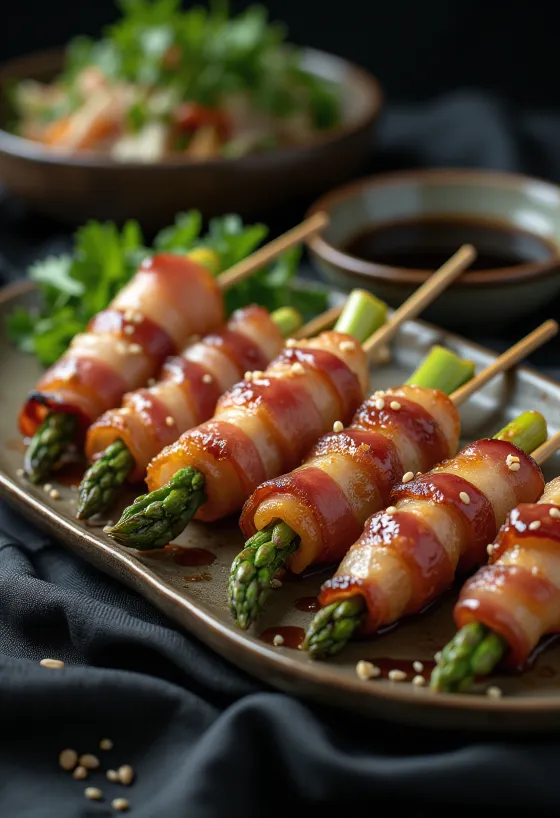 Yakitori de espárragos con bacon - espárragos envueltos en bacon con verduras frescas