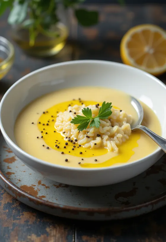 Sopa Avgolemono terminada con aceite de oliva