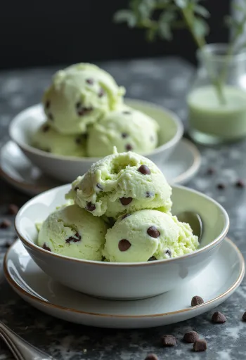 Helado de menta con chips de chocolate servido