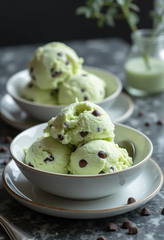 Helado de menta con chips de chocolate servido