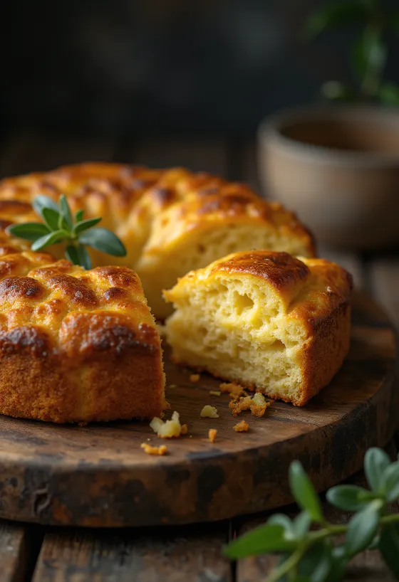 Bolo de fubá con queso, pastel dorado servido con queso rico