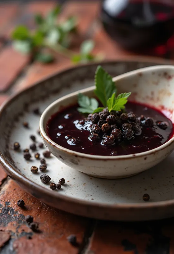 Salsa de vino tinto a la pimienta negra servida