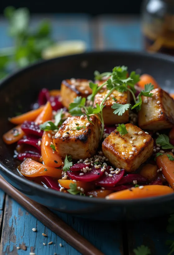 Wok de tofu con remolacha