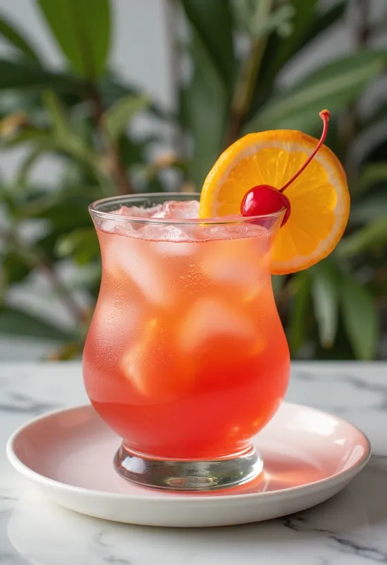 Cóctel Hurricane decorado con rodaja de naranja y guinda
