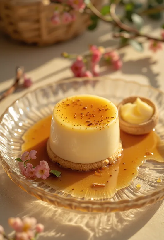 Tarta de panna cotta al caramelo cortada en porciones