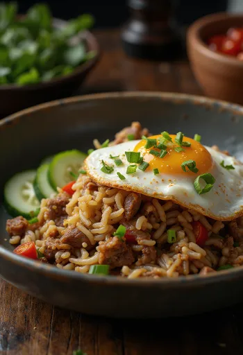 Nasi Goreng con ternera y huevo frito servido