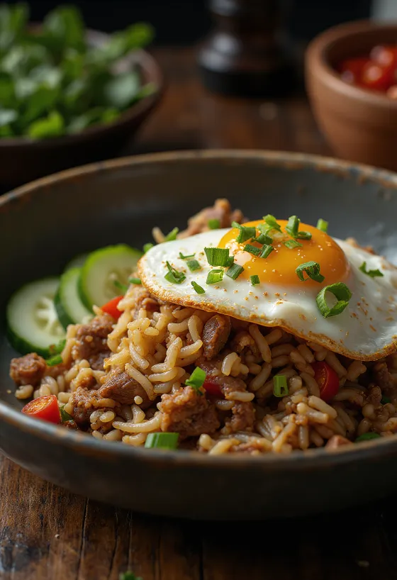 Nasi Goreng con ternera y huevo frito servido