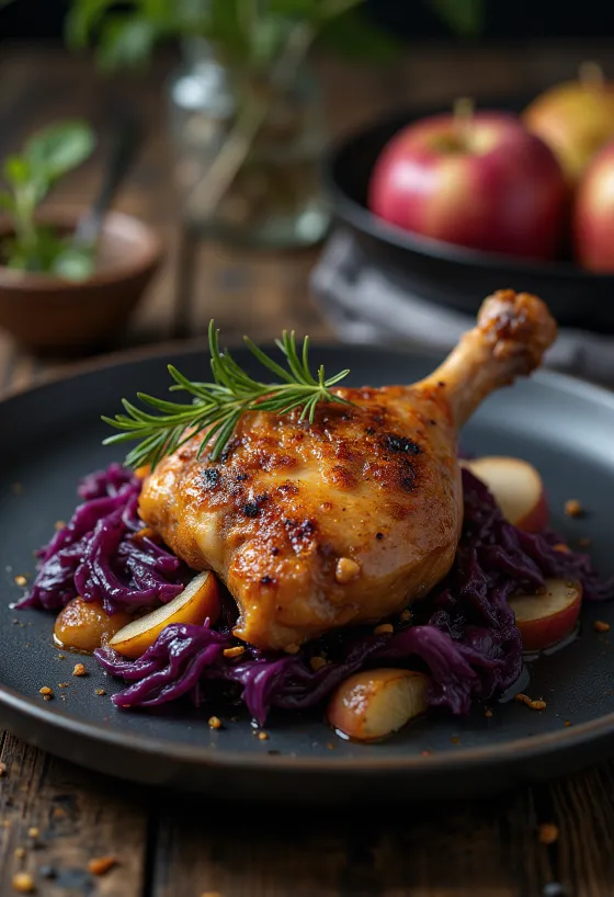 Muslo de pato asado con col y manzana