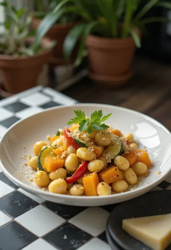 Gnocchi con calabaza y verduras emplatado