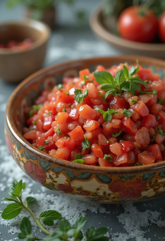 Salsa de tomate Ezme servida con pan fresco
