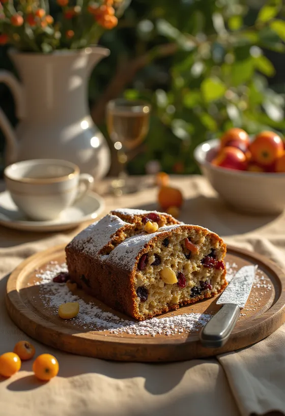 Fruit Cake inglés con frutas deshidratadas y espolvoreado de azúcar glas
