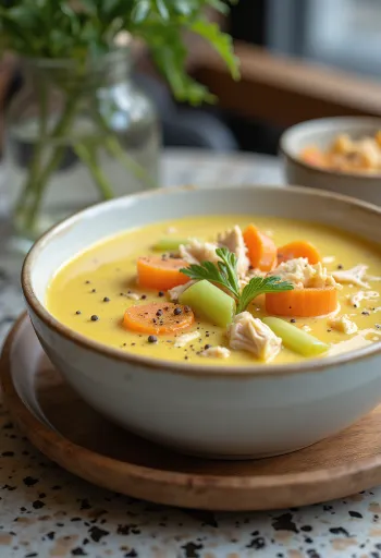 Avgolemono con zanahoria y apio, decorado con perejil fresco