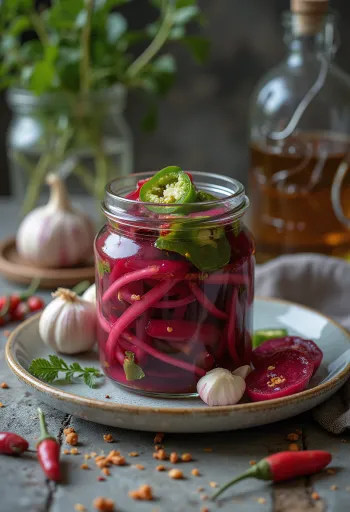 Hojas de remolacha encurtidas picantes en tarro