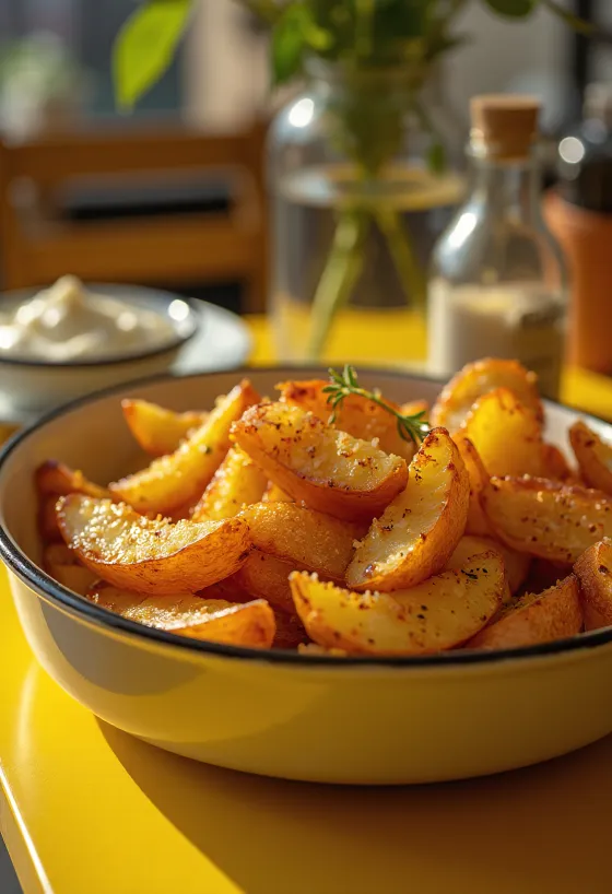 Patatas especiadas crujientes y doradas, espolvoreadas con hierbas frescas