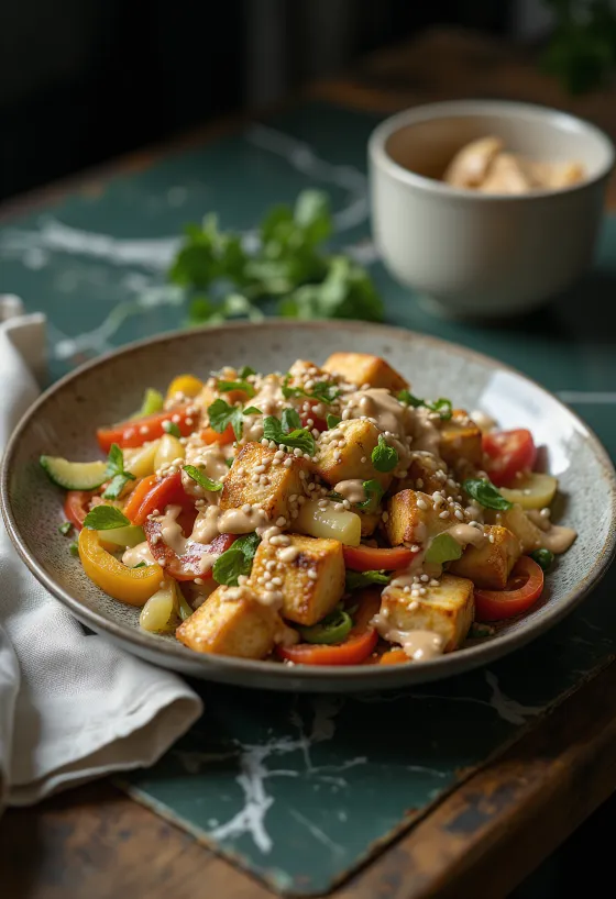 Wok de tofu con salsa de tahini