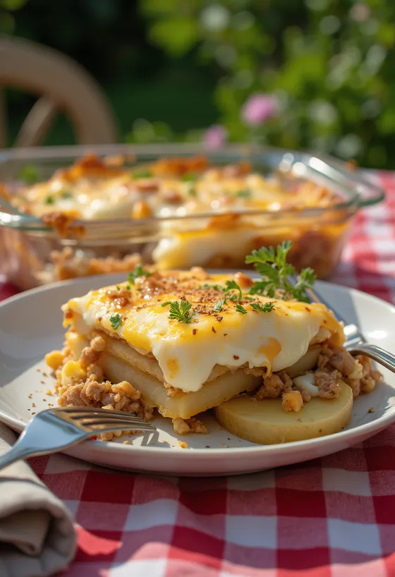 Patatas gratinadas con carne servidas en fuente