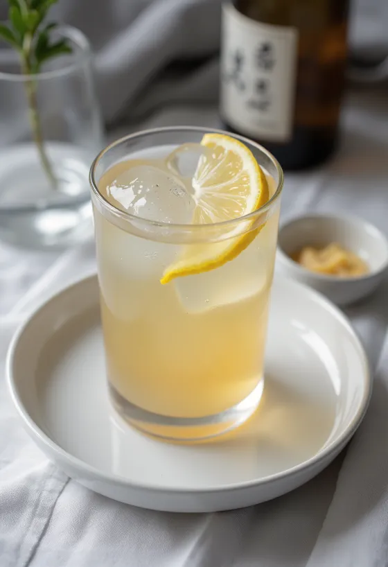 Cóctel de sidra y sake japonés servido en vaso