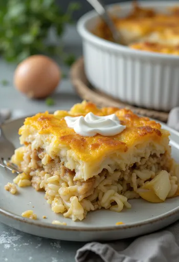 Pastel de col rizada en capas con carne picada jugosa y relleno de arroz suave