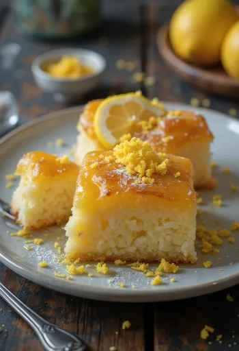 Revani con aceite de oliva, aromatizado con limón, horneado y dorado